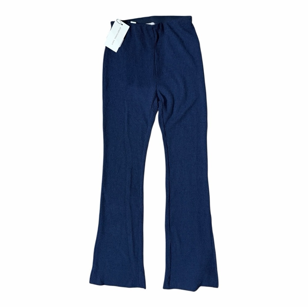 NWT Something Navy Ribbed Knit Stretch Pants | Flare Leg W/ Slit | Navy | XS - Picture 2 of 7